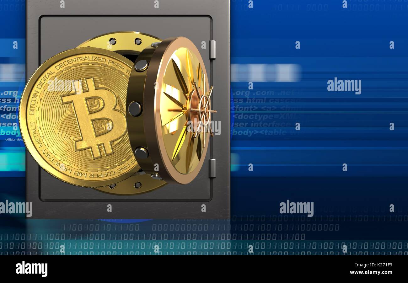 3d illustration of metal safe with bitcoin over cyber background Stock ...