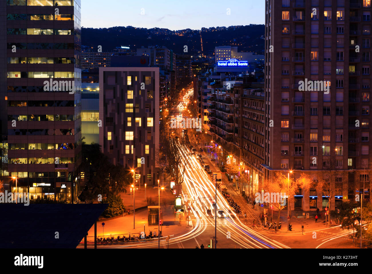 Nightime traffic in Sant district, Barcelona, Catalunya, Spain Stock Photo