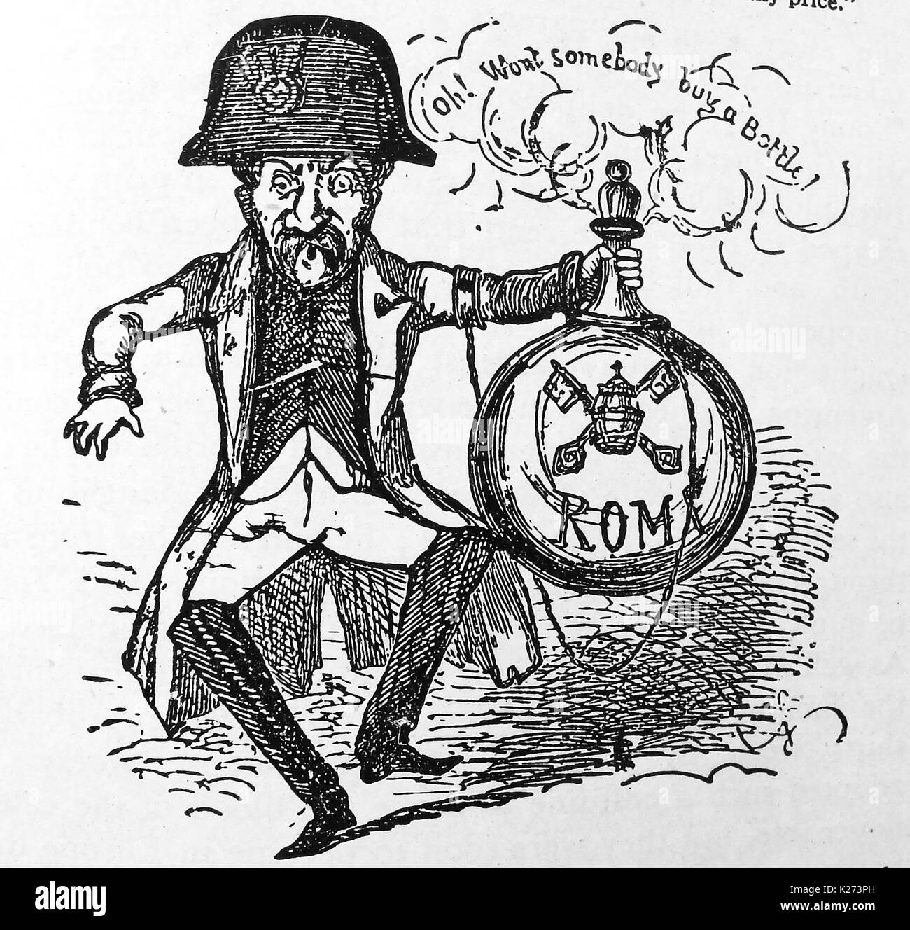 Political cartoon showing Napoleon III (Charles Louis Napoleon Bonaparte) holding a fizzing  hand grenade marked Rome Stock Photo