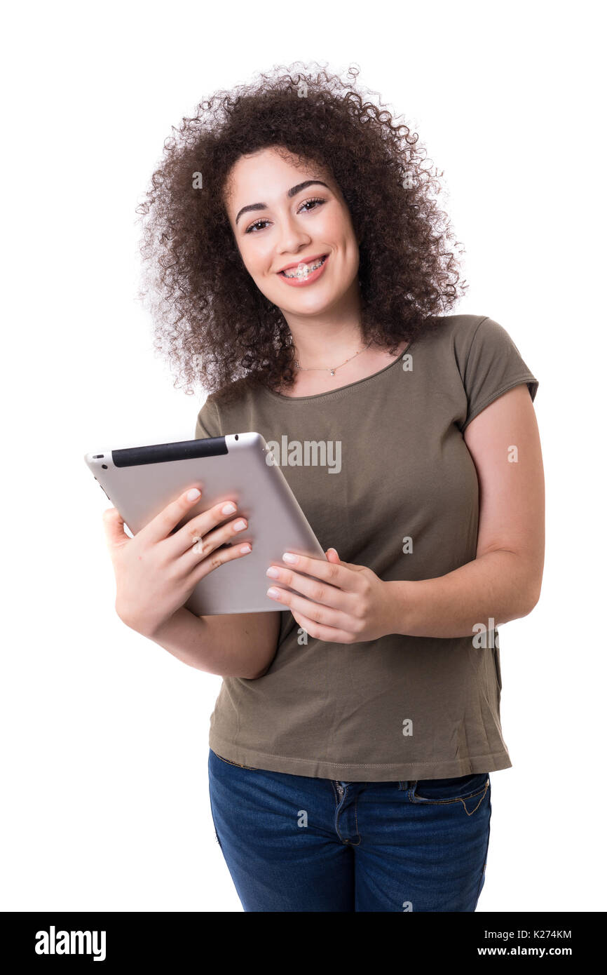 Beautiful young asian woman relaxing with a brand new digital tablet or ...