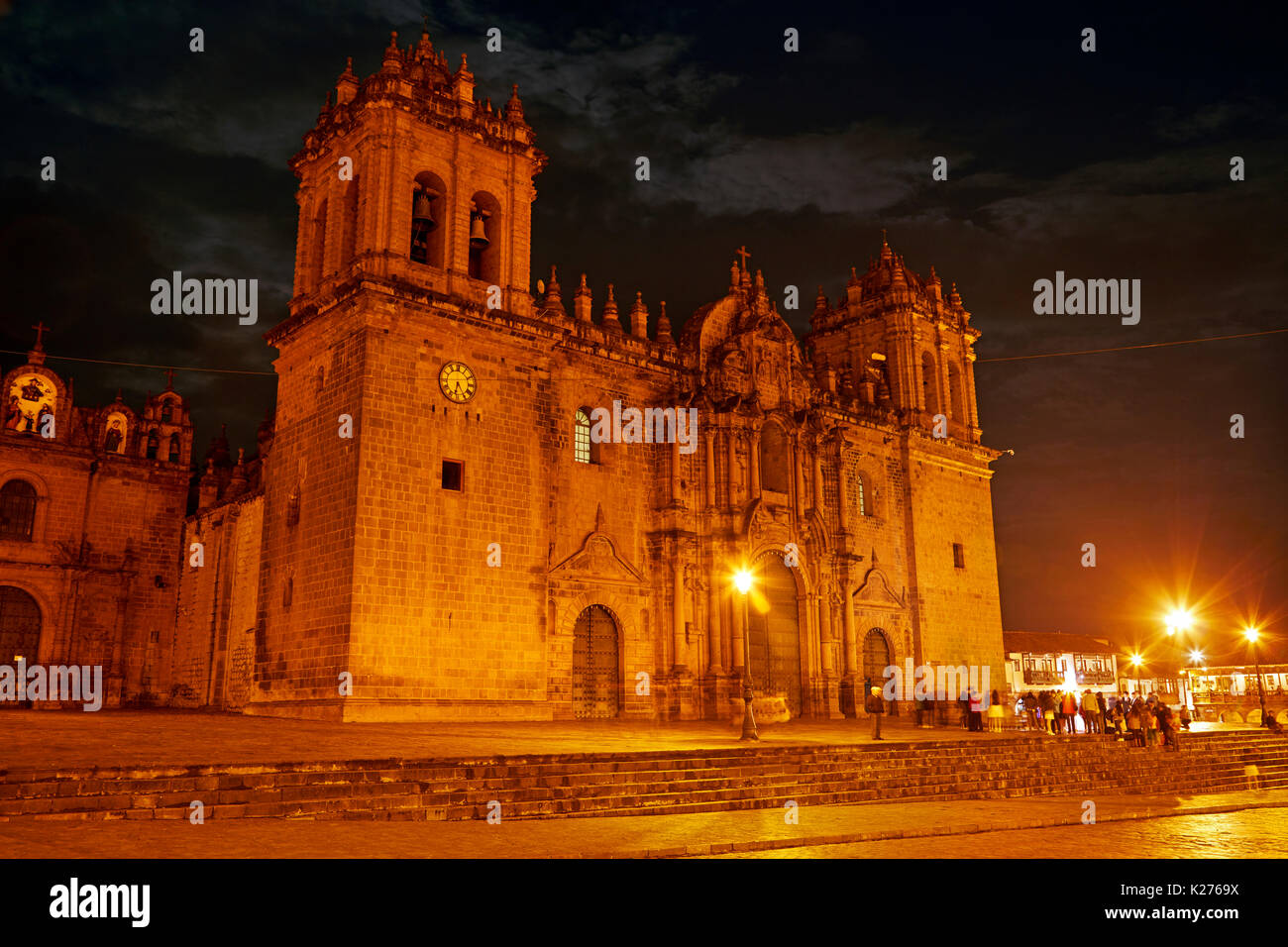 Cusco Cathedral at dusk, Plaza de Armas, Cusco, Peru, South America Stock Photo