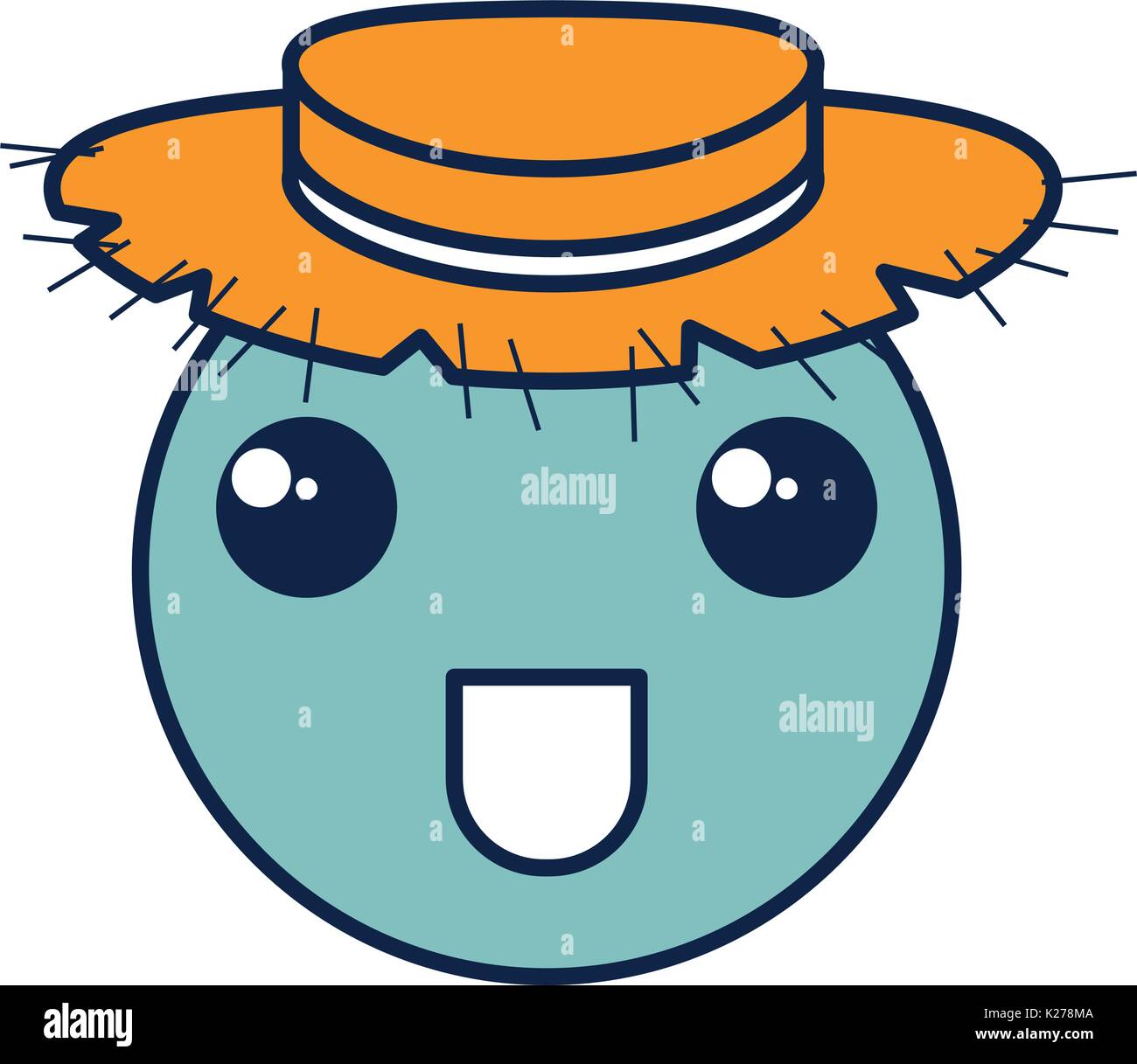 kawaii circle face emoticon with straw hat character vector illustration design Stock Vector