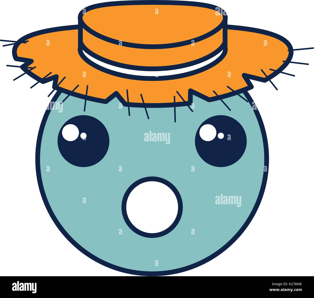 kawaii circle face emoticon with straw hat character vector