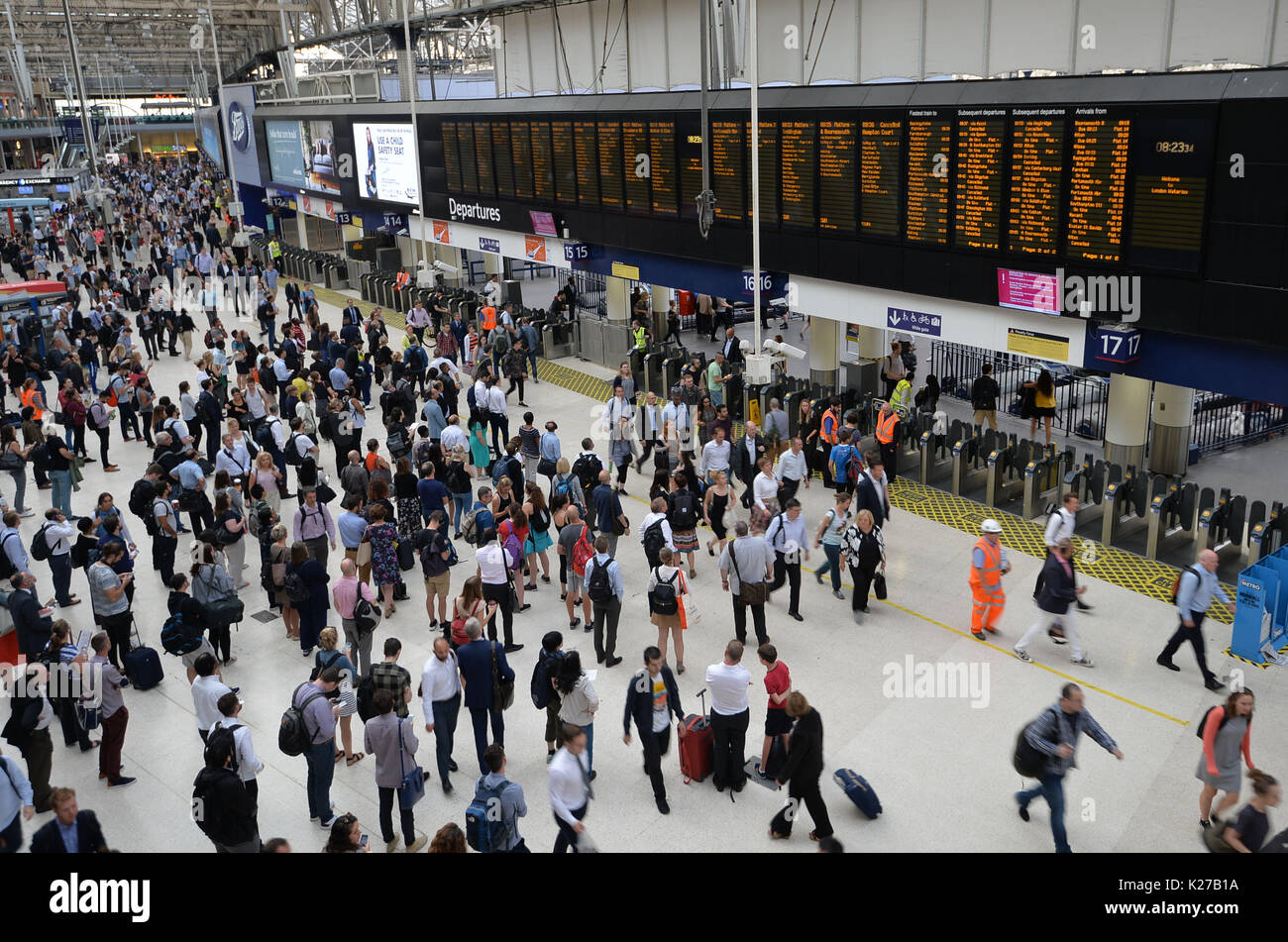 Commuters at Waterloo Station in London, after overrunning engineering works brought fresh misery to commuters using Britain's busiest rail station on the day it was supposed to open for business as normal following major works. Stock Photo