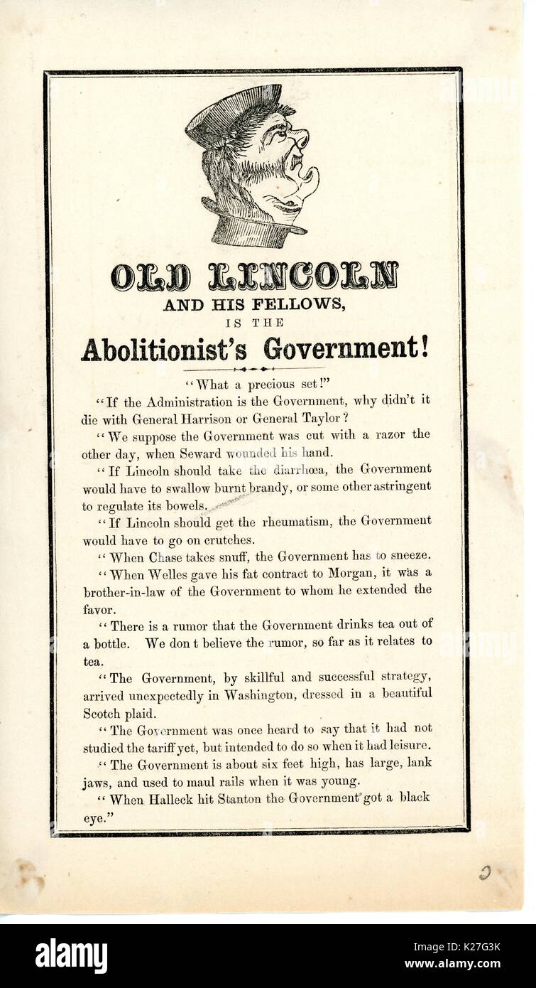 Broadside from the American Civil War entitled 'Old Lincoln and His Fellows is the Abolitionist's Government', disparaging Lincoln's administration. 1863. Stock Photo