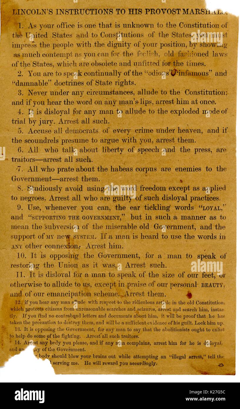 Broadside from the American Civil War entitled 'Lincoln's Instructions to his Provost Marshals', ordering them to make arrests. 1863. Stock Photo