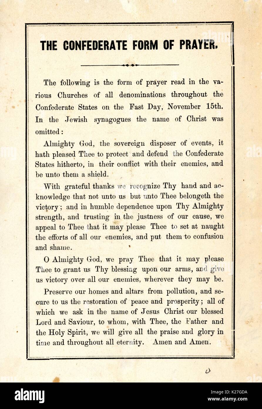 Broadside from the American Civil War entitled 'The Confederate Form of Prayer', asking God to