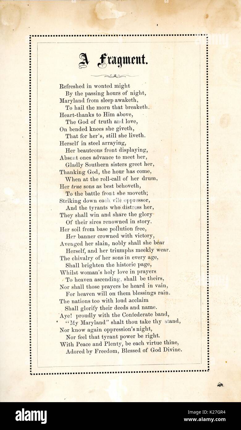 Broadside from the American Civil War entitled 'A Fragment', invoking God and glorifying Maryland's role in the Confederate States Army. 1863. Stock Photo