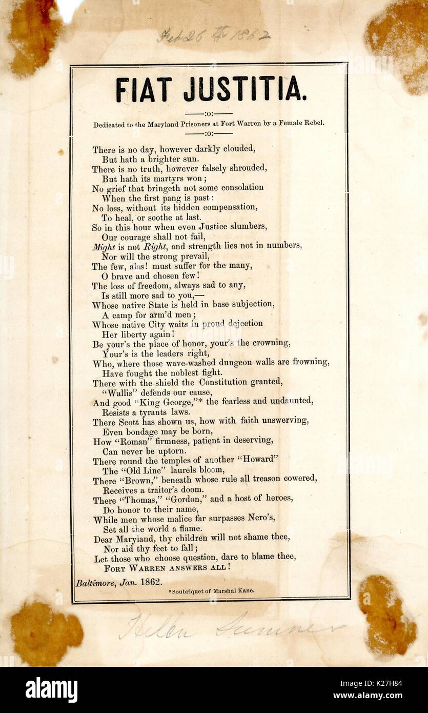 Broadside from the American Civil war entitled 'Fiat Justita', lamenting the loss of Confederate soldiers and reassuring the Confederate States Army, Baltimore, Maryland. 1862. Stock Photo