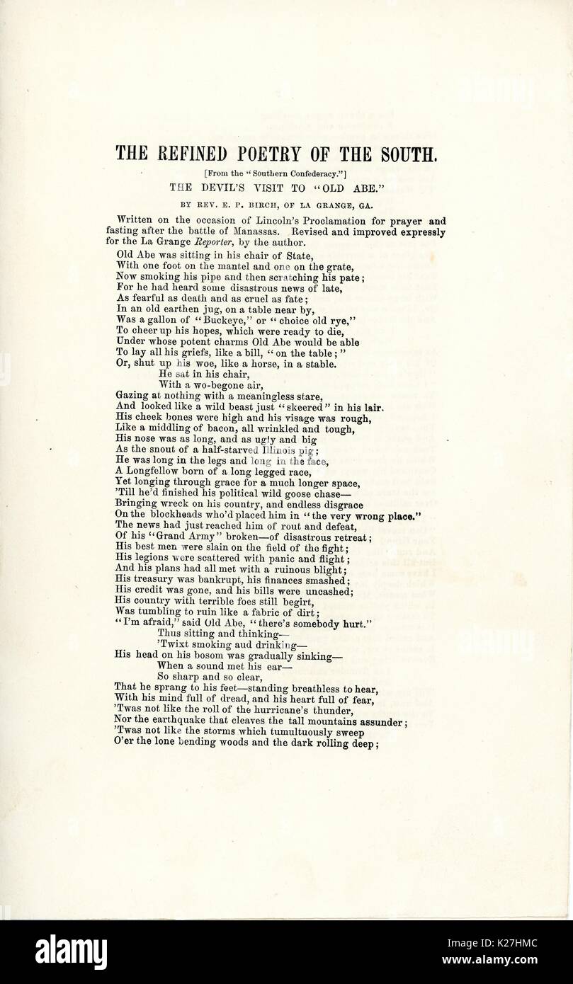 Broadside from the American Civil War, entitled 'The Refined Poetry of the South, The Devil's Visit to 'Old Abe, '' expressing disdain for Abraham Lincoln and his proclamation for prayer following the Union defeat at the first Battle of Bull Run in Virginia, United States, 1861. Stock Photo