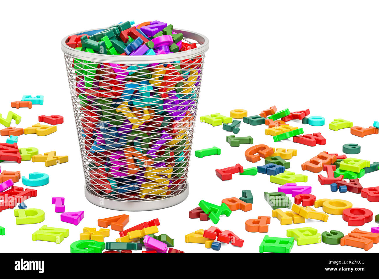 Trash bin full of colored letters, 3D rendering isolated on white ...