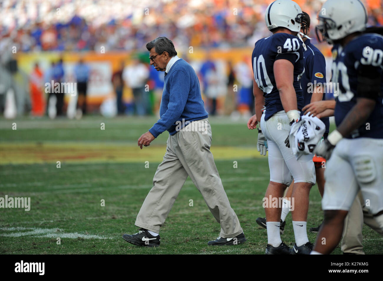 Joe Paterno of Penn State University football walks the sidelines during the Outback Bowl January 1, 20111 in Tampa, Florida against UF. Stock Photo