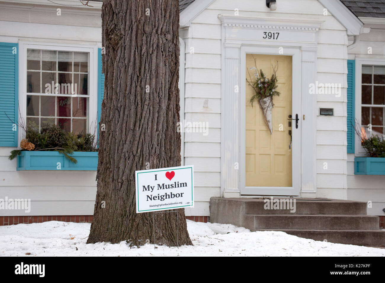 I Love My Muslim Neighbor sign in front of house in essentially a white neighborhood Minneapolis Minnesota MN USA Stock Photo