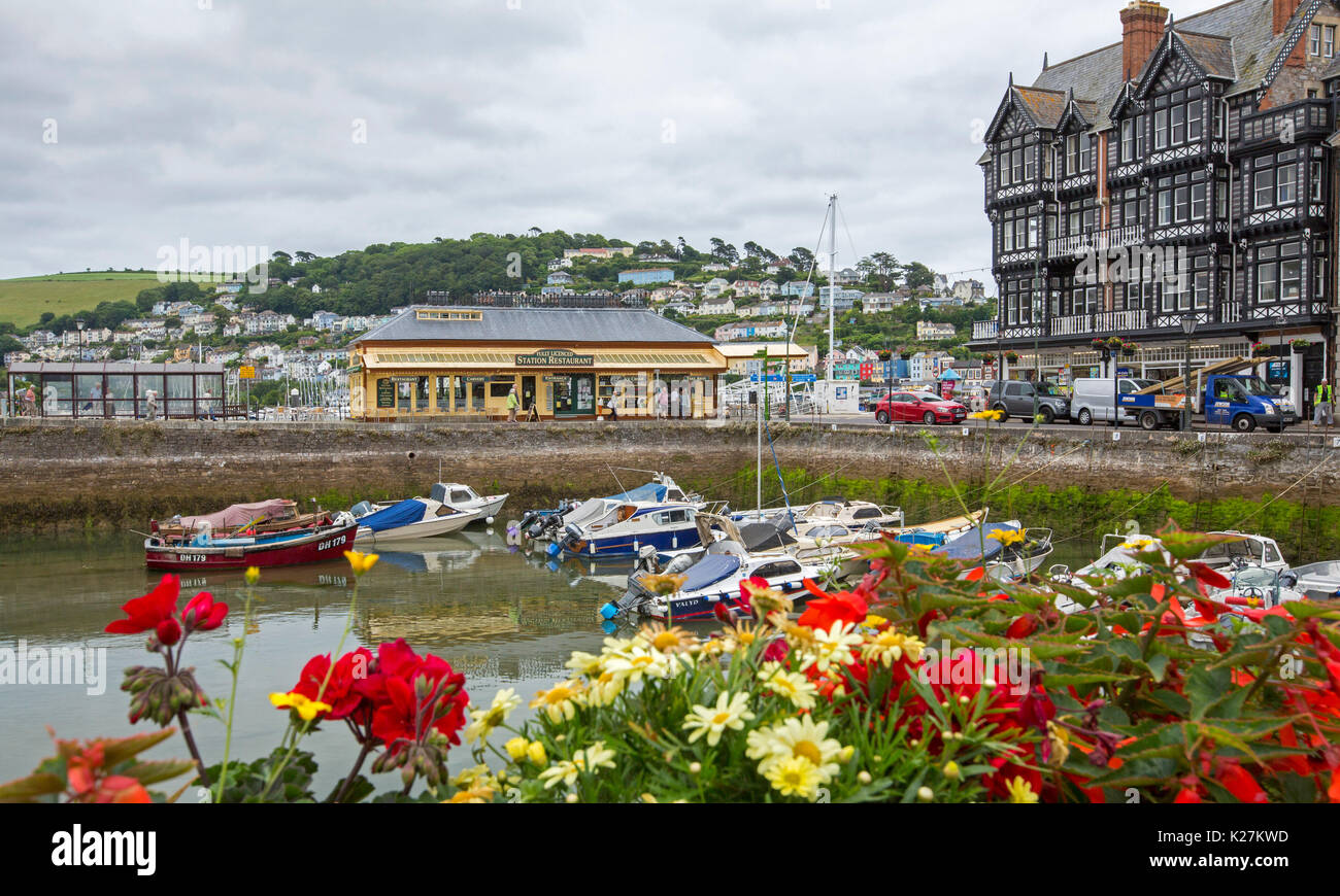 Panoramic view of English town of Dartmouth with elegant historic buildings bordering harbour, boats in calm water, & colourful flowers in foreground Stock Photo