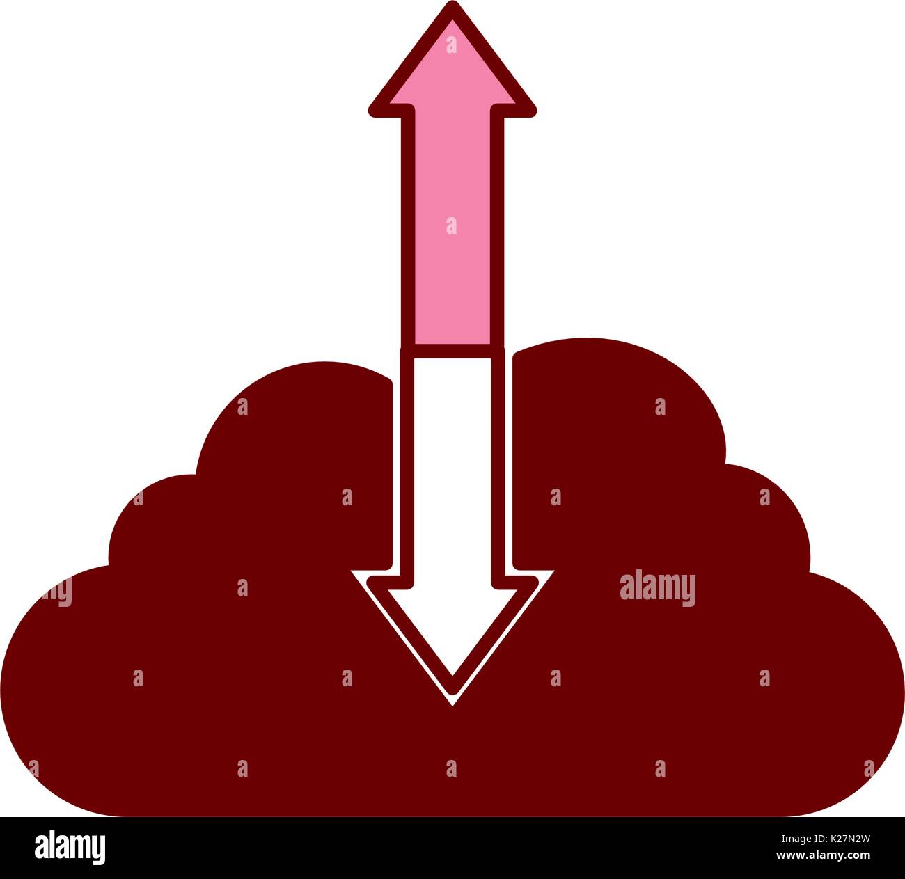 pink and scarlet red sections silhouette of cloud service with download and upload arrow icon Stock Vector