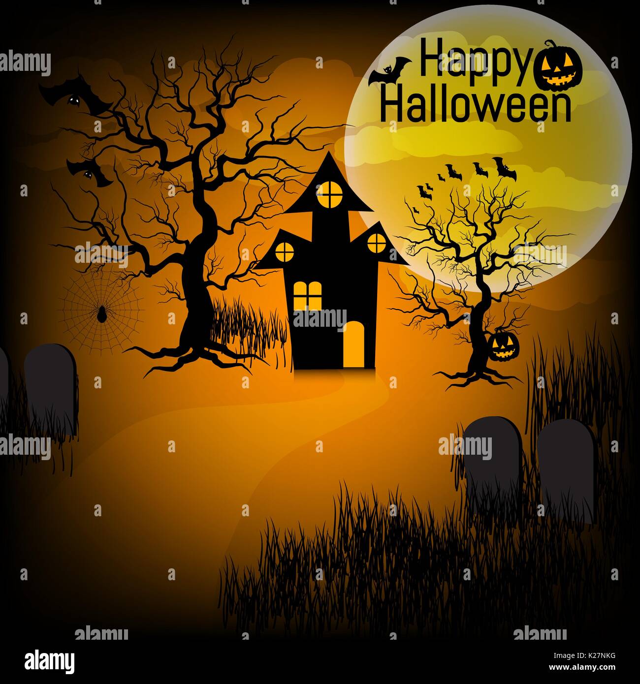 Halloween Background With Pumpkin Haunted House And Full Moon For Stock Vector Image Art Alamy