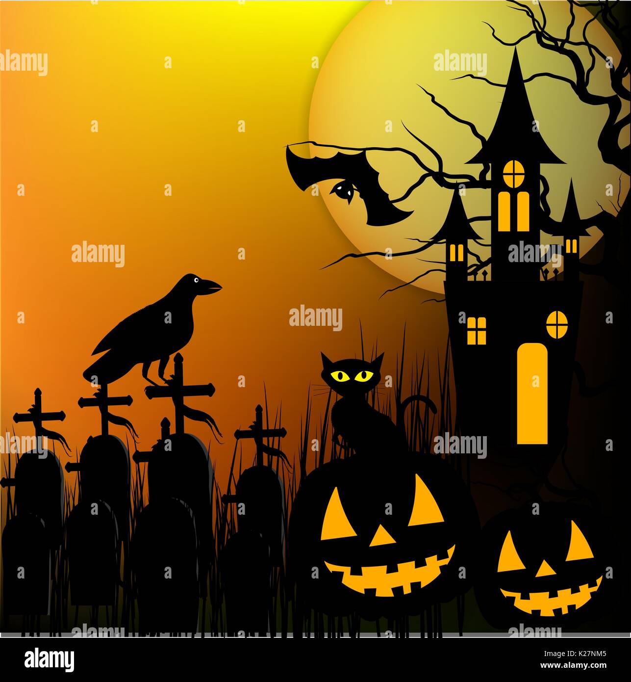 Halloween background with pumpkin, black cat and haunted house for Halloween party. Vector illustration Stock Vector