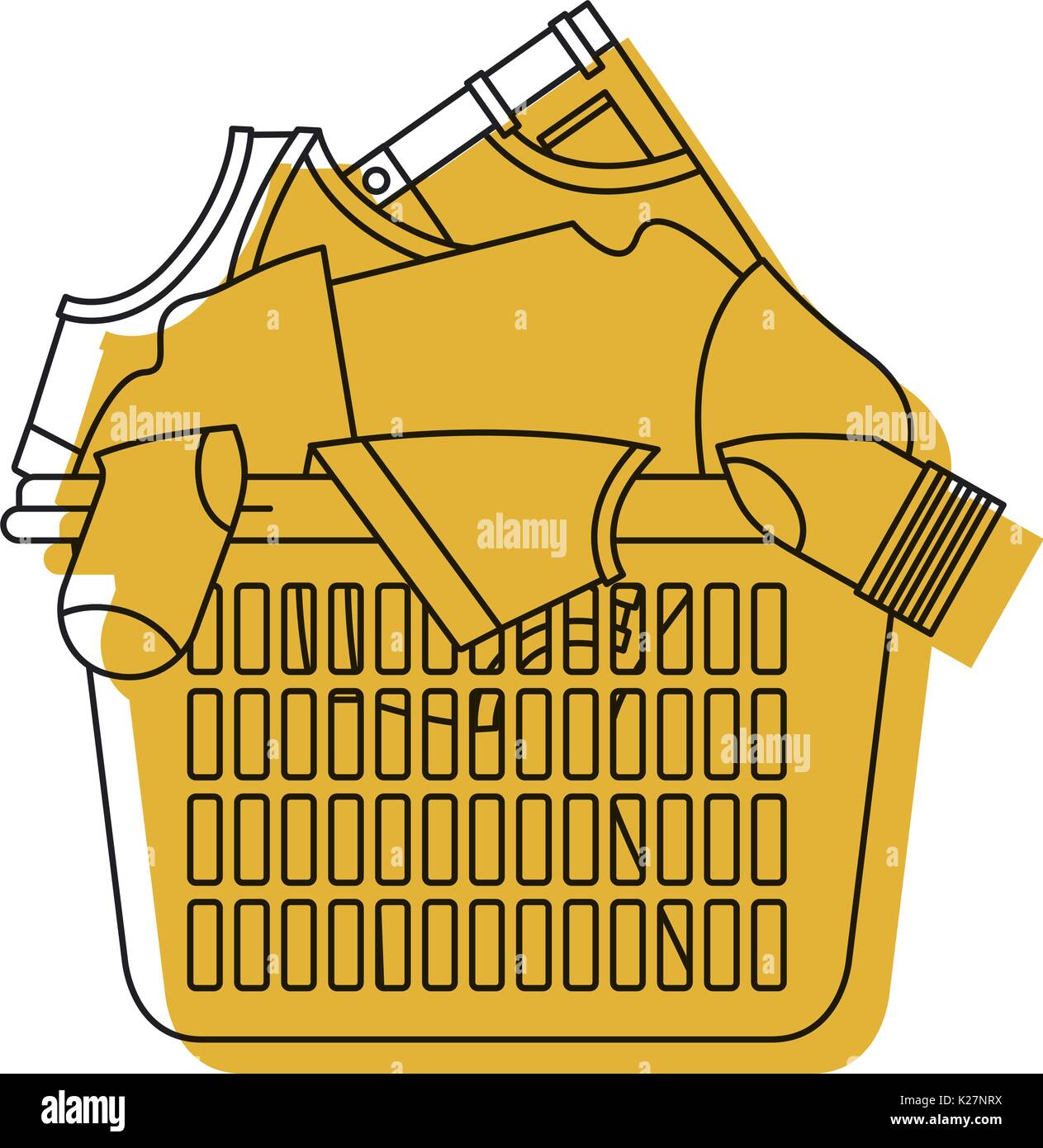 yellow watercolor silhouette of laundry basket with heap of clothes