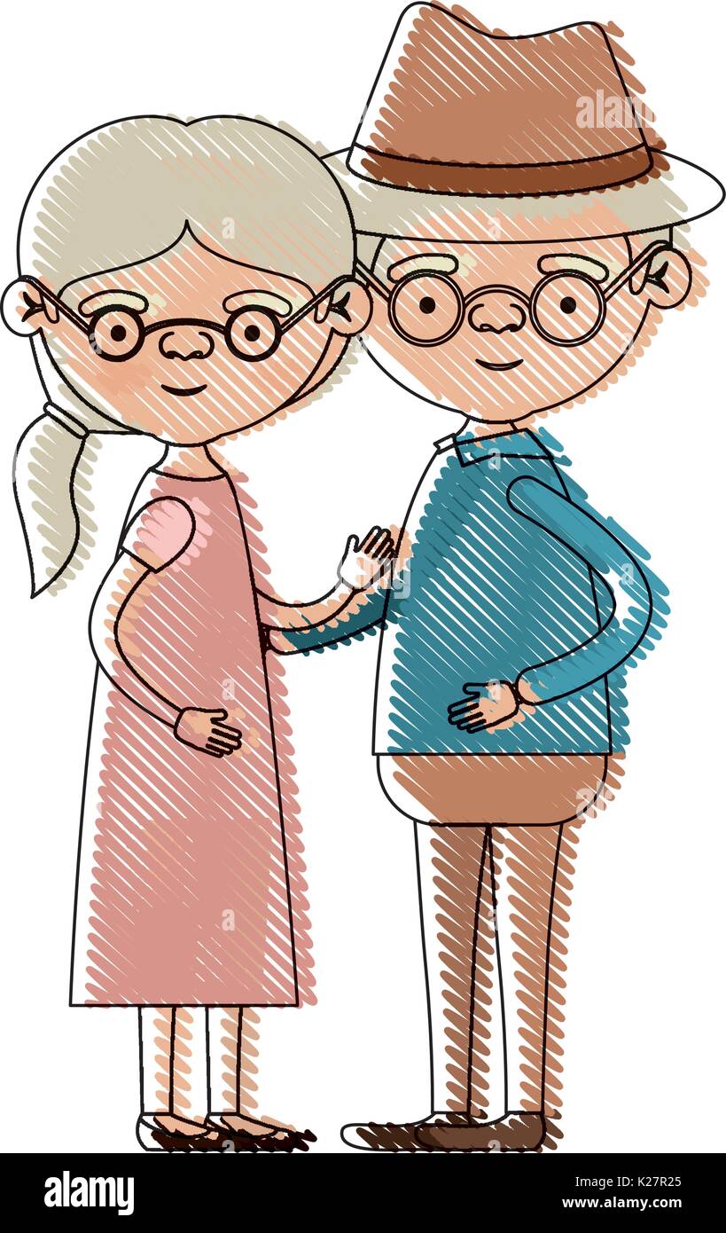 Color crayon silhouette of full body couple elderly of grandmother with ...