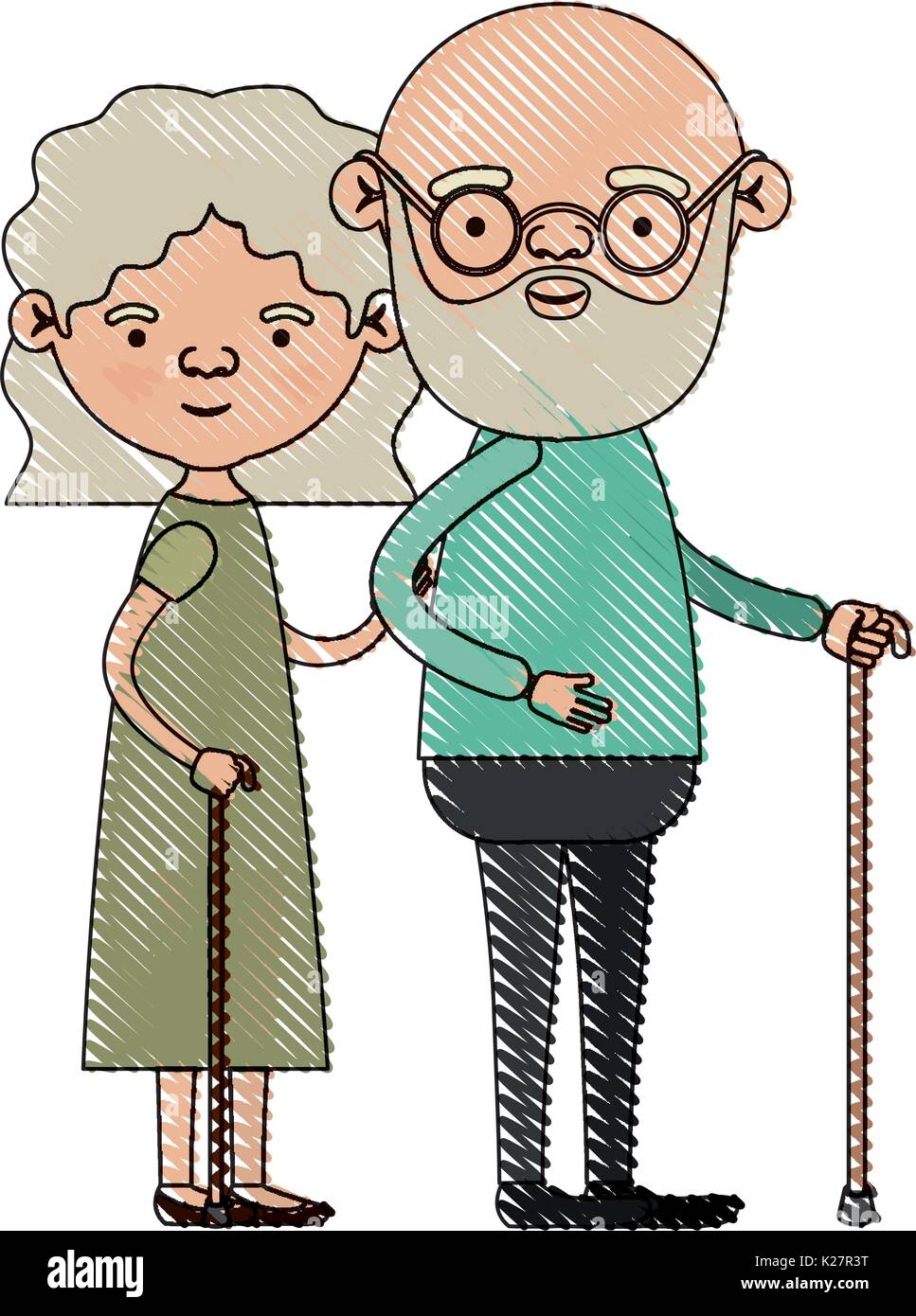 color crayon silhouette of full body couple elderly in walking stick of