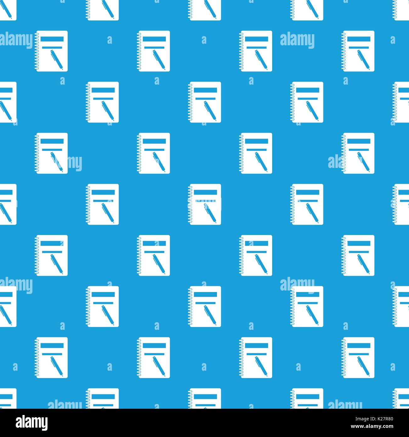 Closed spiral notebook and pen pattern seamless blue Stock Vector