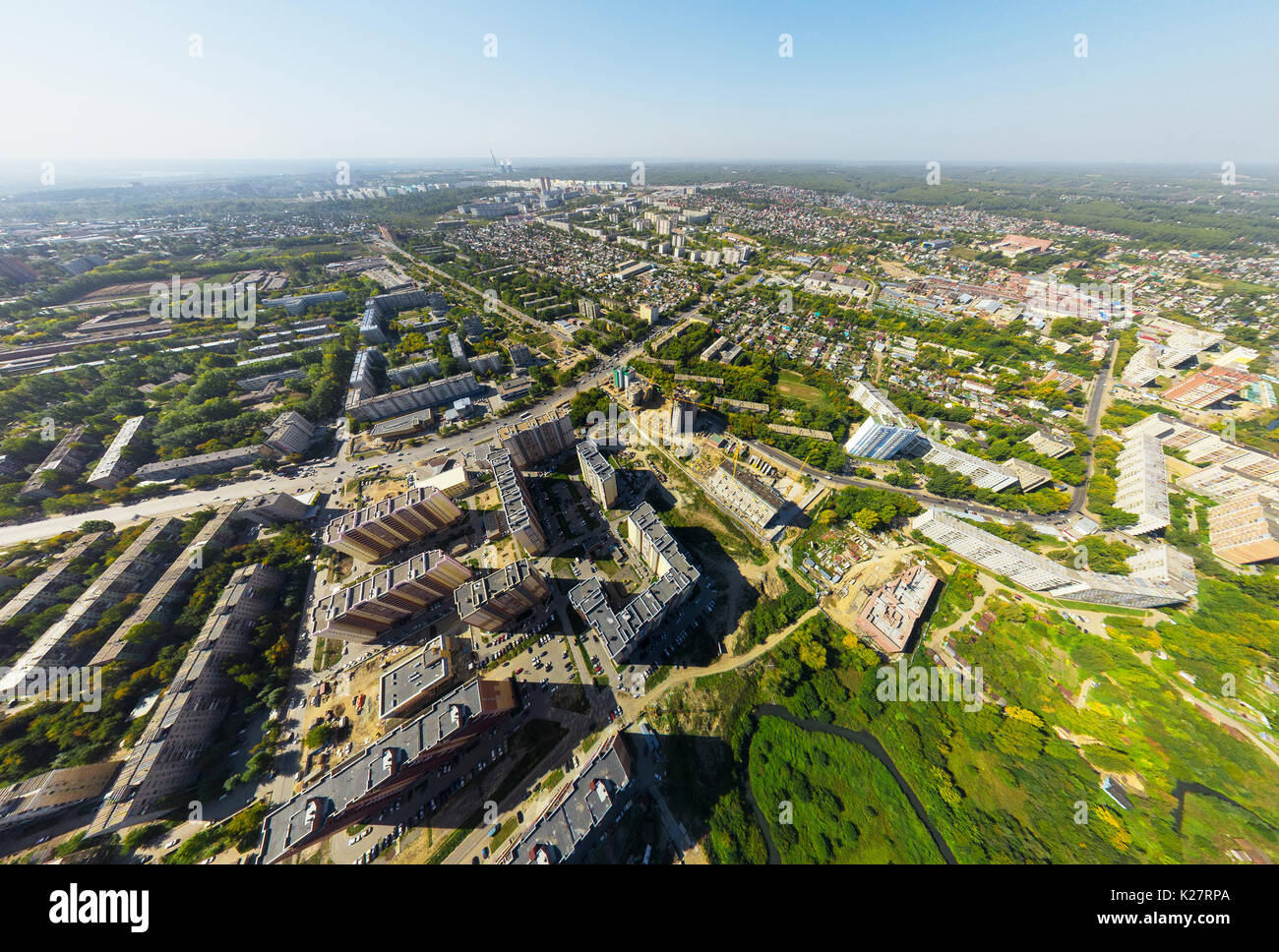 Aerial view of downtown. Crossroads, houses, buildings and parks Stock