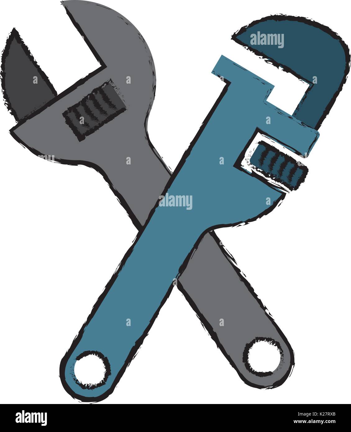 pipe wrench and wrench crossed icon over white background vector