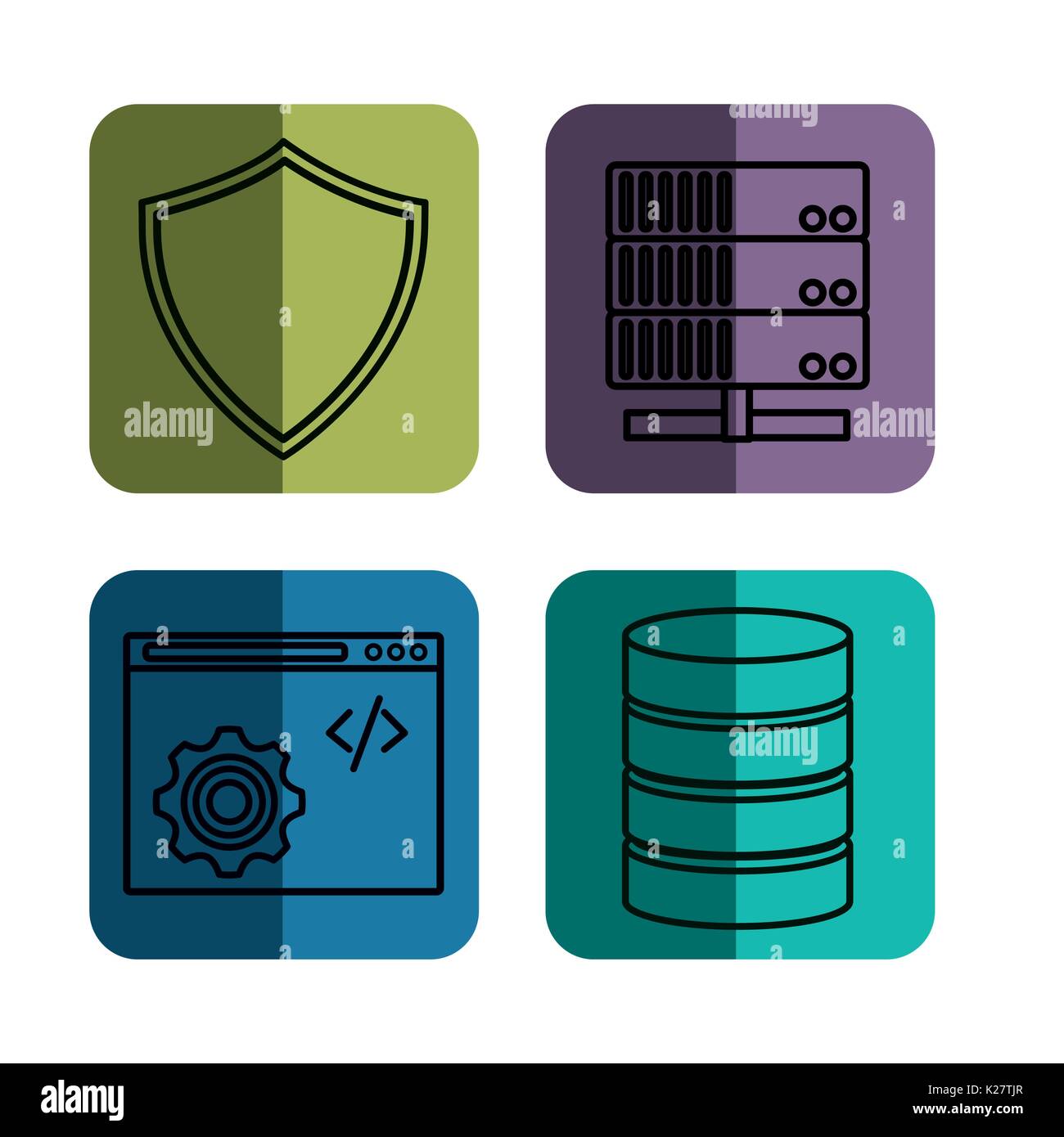 Data center related icons over colorful squares and white background ...