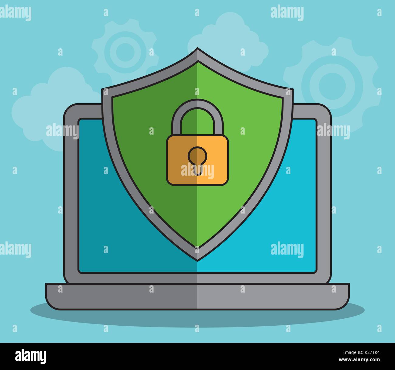 computer with shield and padlock icon over blue background colorful ...