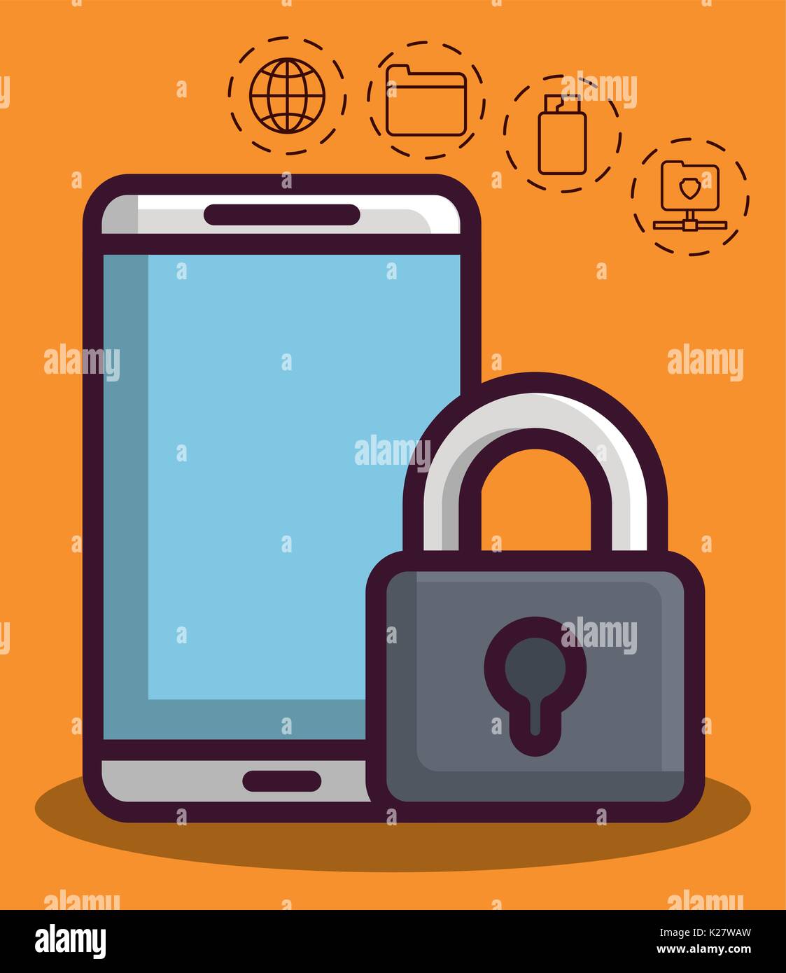 smartphone and padlock with cyber security related icons over orange ...