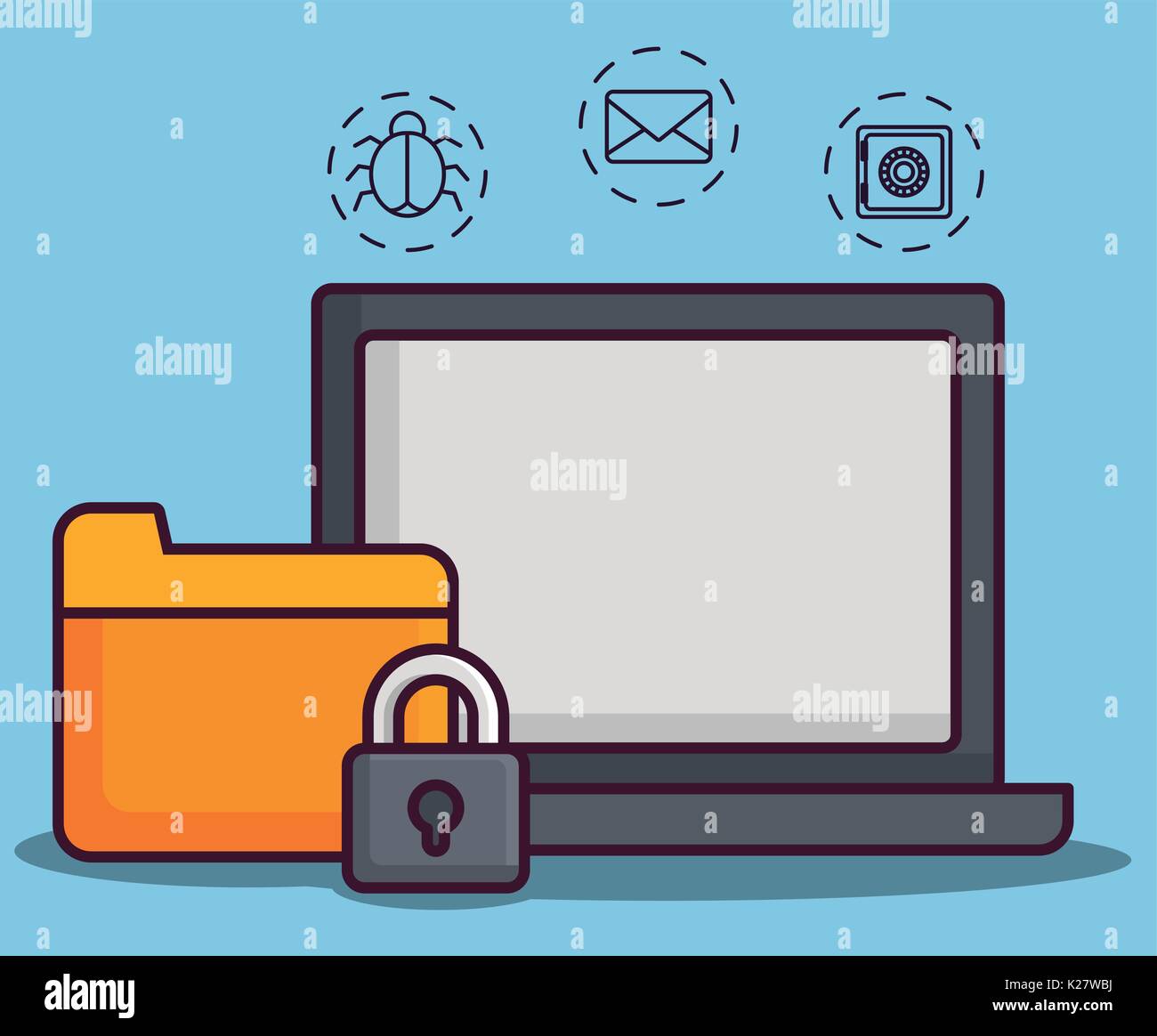 folder and computer with cyber security related icons over blue ...