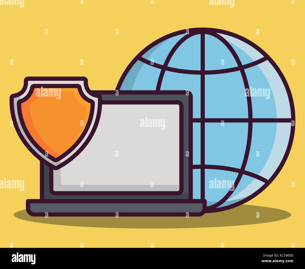 global sphere and laptop computer with shield icon over yellow ...