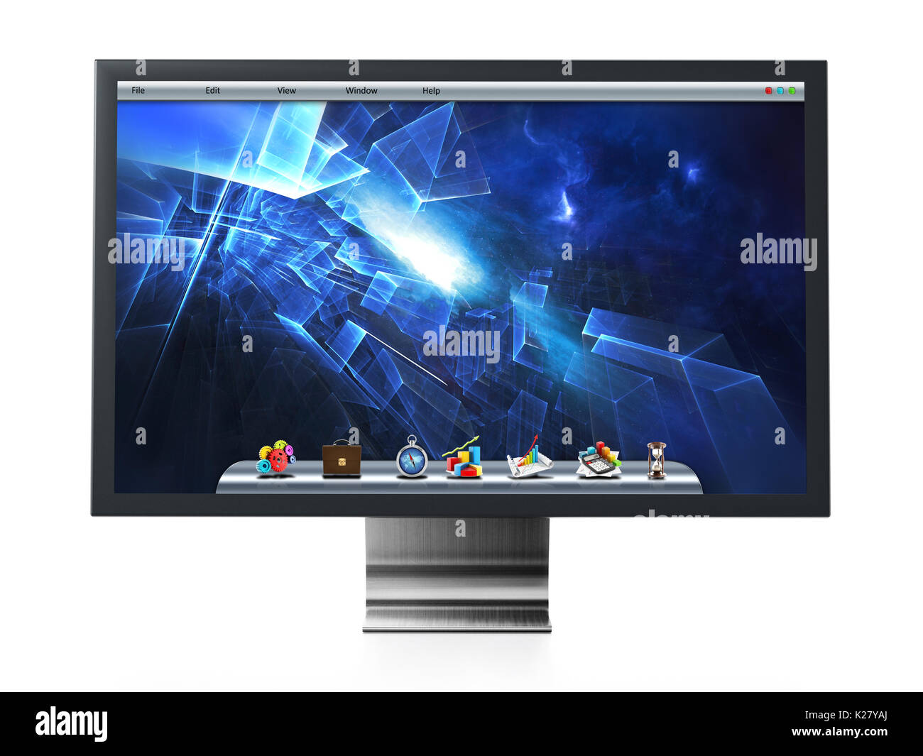 Computer monitor with blue desktop wallpaper. 3D illustration. Stock Photo