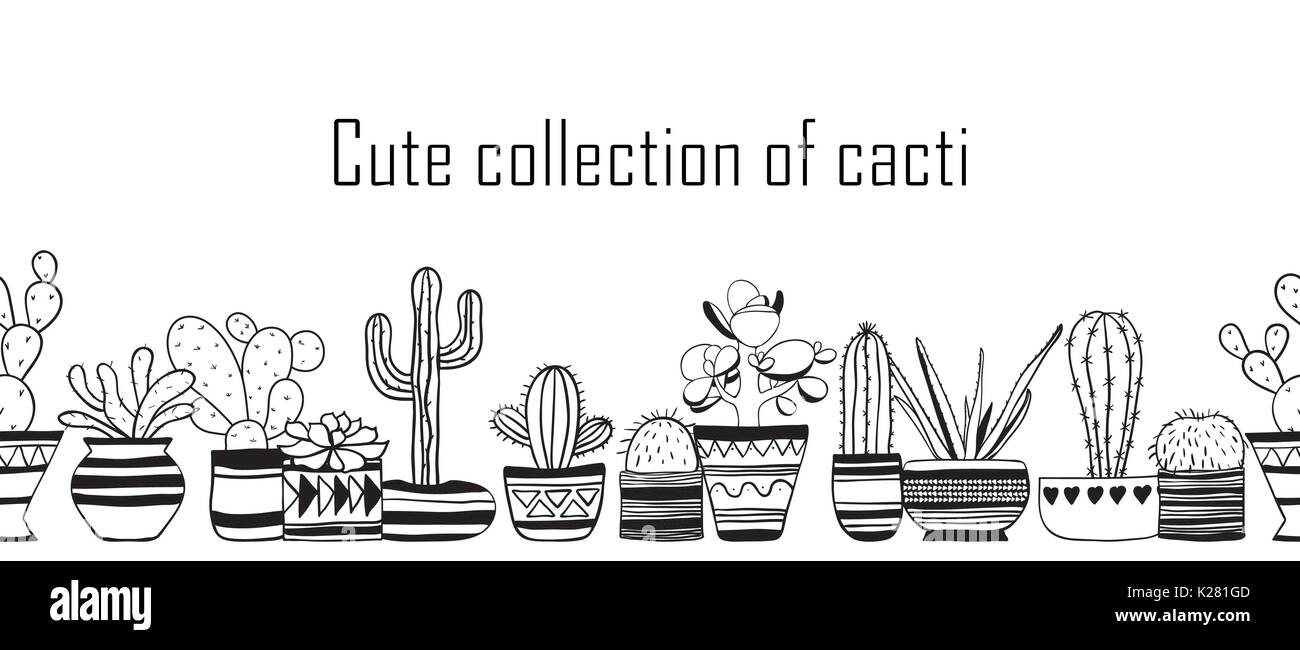 Seamless row of cute cacti . Houseplants vector collection Stock Vector ...