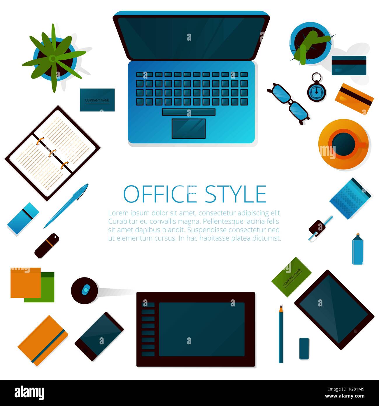 Workspace on the office table . Top view . Vector Stock Vector Image