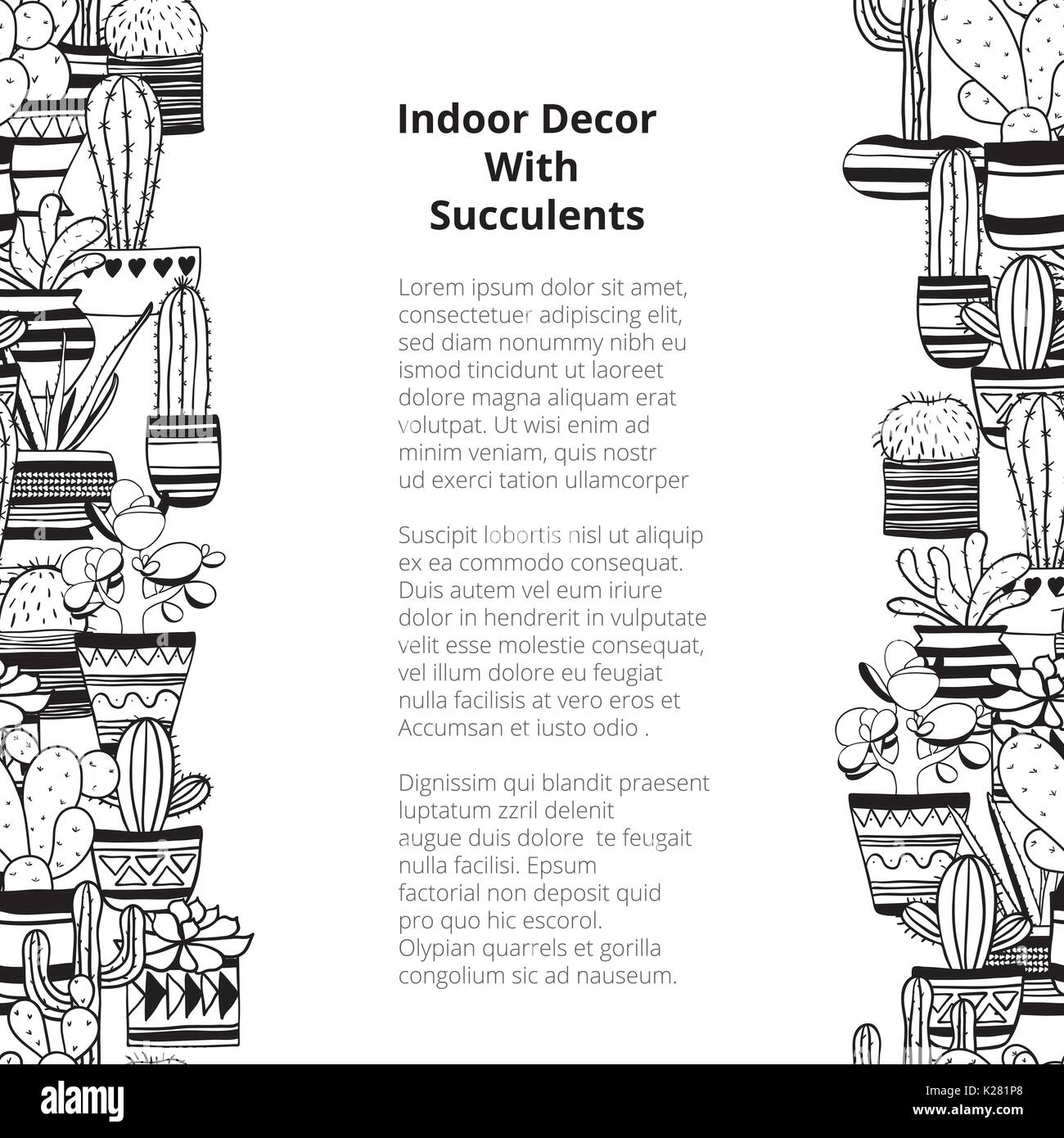 Seamless vertical rows with black contours succulents . Vector background Stock Vector