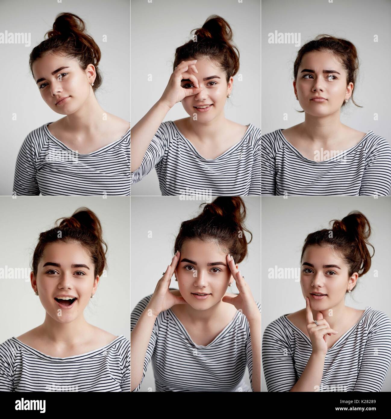 Collage of emotional girl on white background,Composite of positive and ...