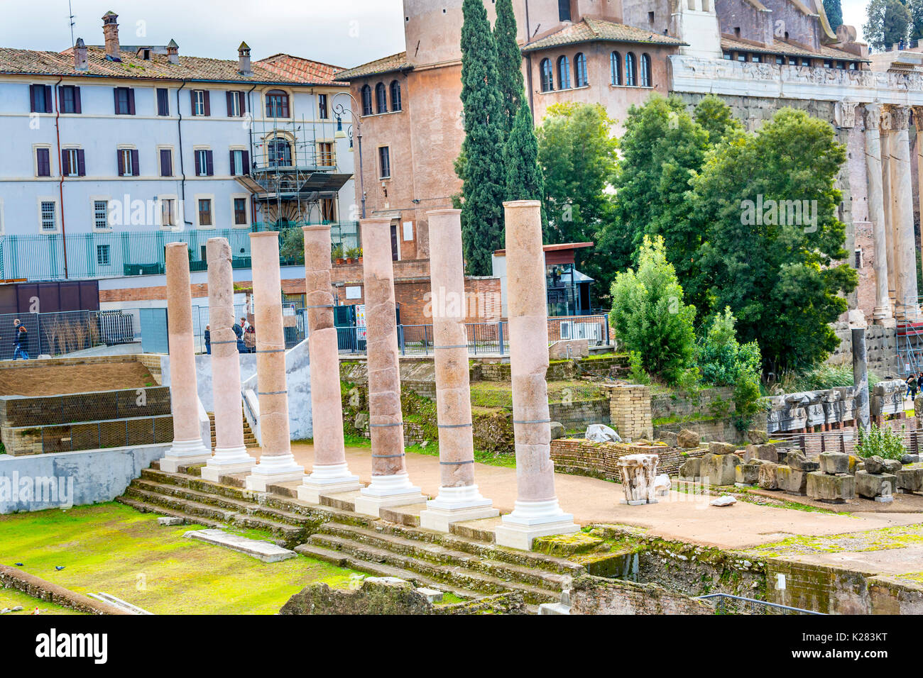 Columns Roman Forum Temples Rome Italy.  Forum rebuilt by Julius Cesar in 46 BC Stock Photo