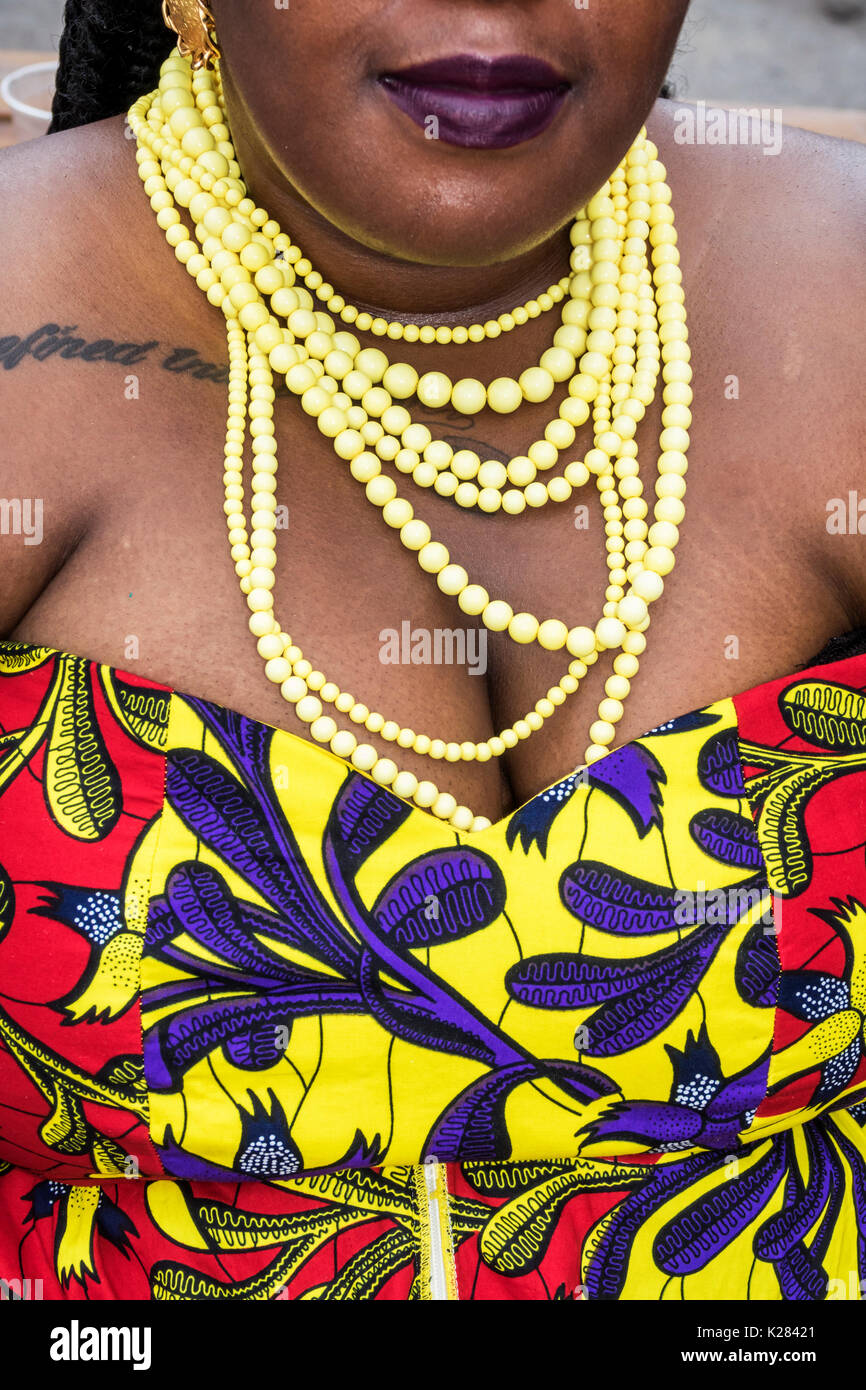 Miami Florida,Wynwood,Wynwood Life Street Festival,Black woman female women,Haitian,beads,necklace,colorful,dress,FL170430206 Stock Photo