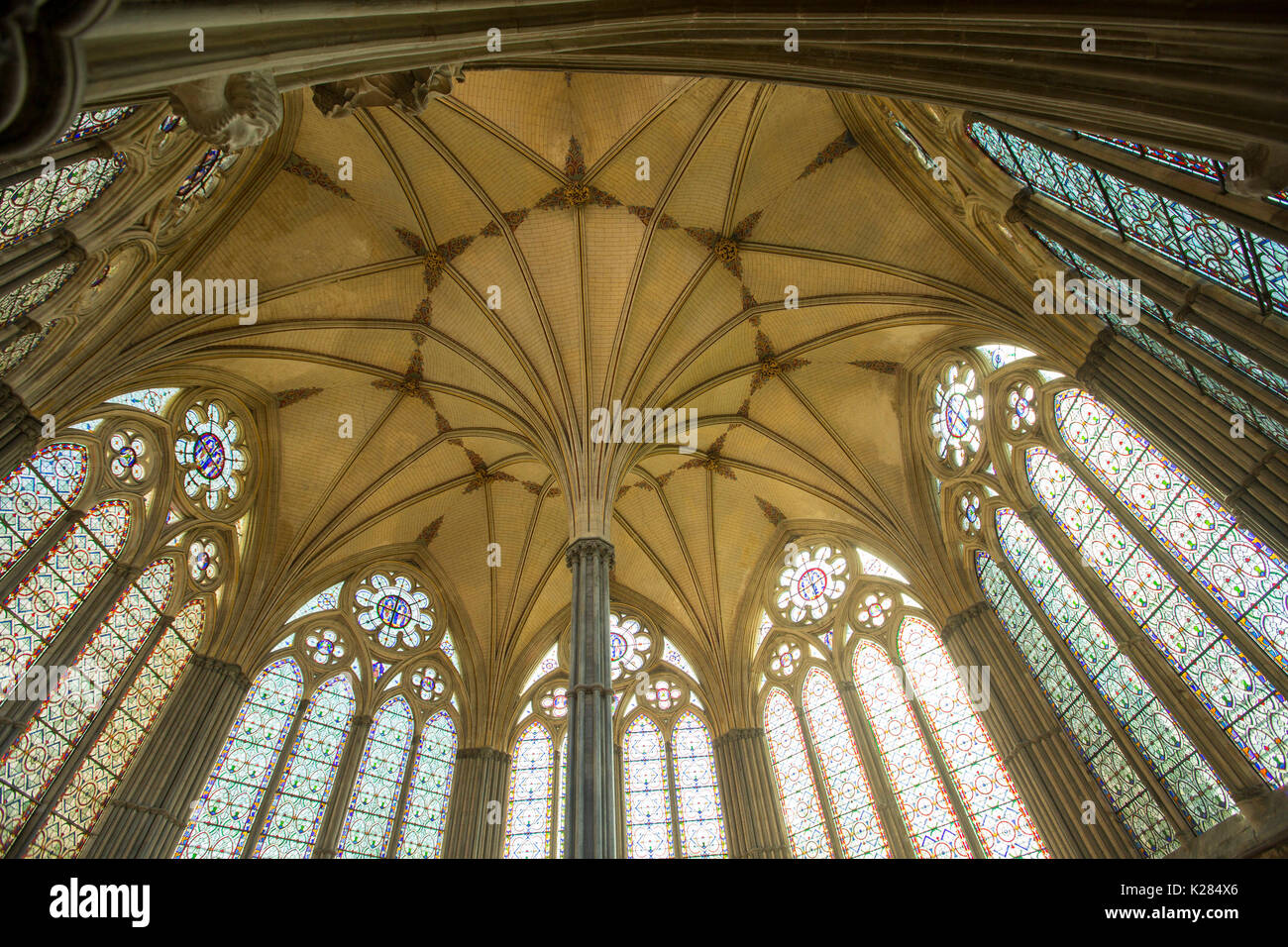 Ornate Vaulted Ceiling Of Chapter House In Salisbury Cathedral Stock Photo Alamy