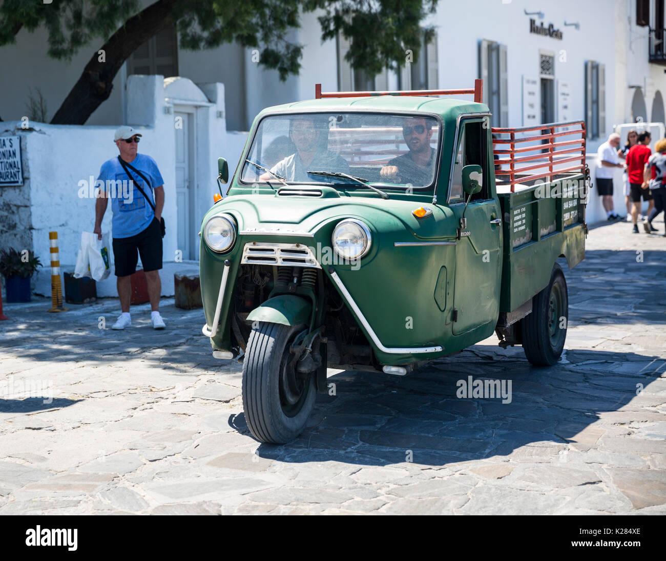 Mazda motorcycle trike pickup for navigating the narrow alleyways of Mykonos, Greece. Stock Photo