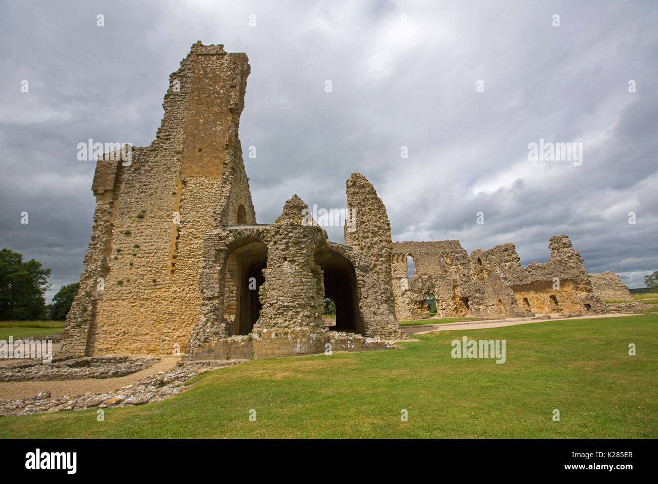 Ruins, including the great tower, of 12th century old Sherborne castle, Castleton, Dorset, England Stock Photo