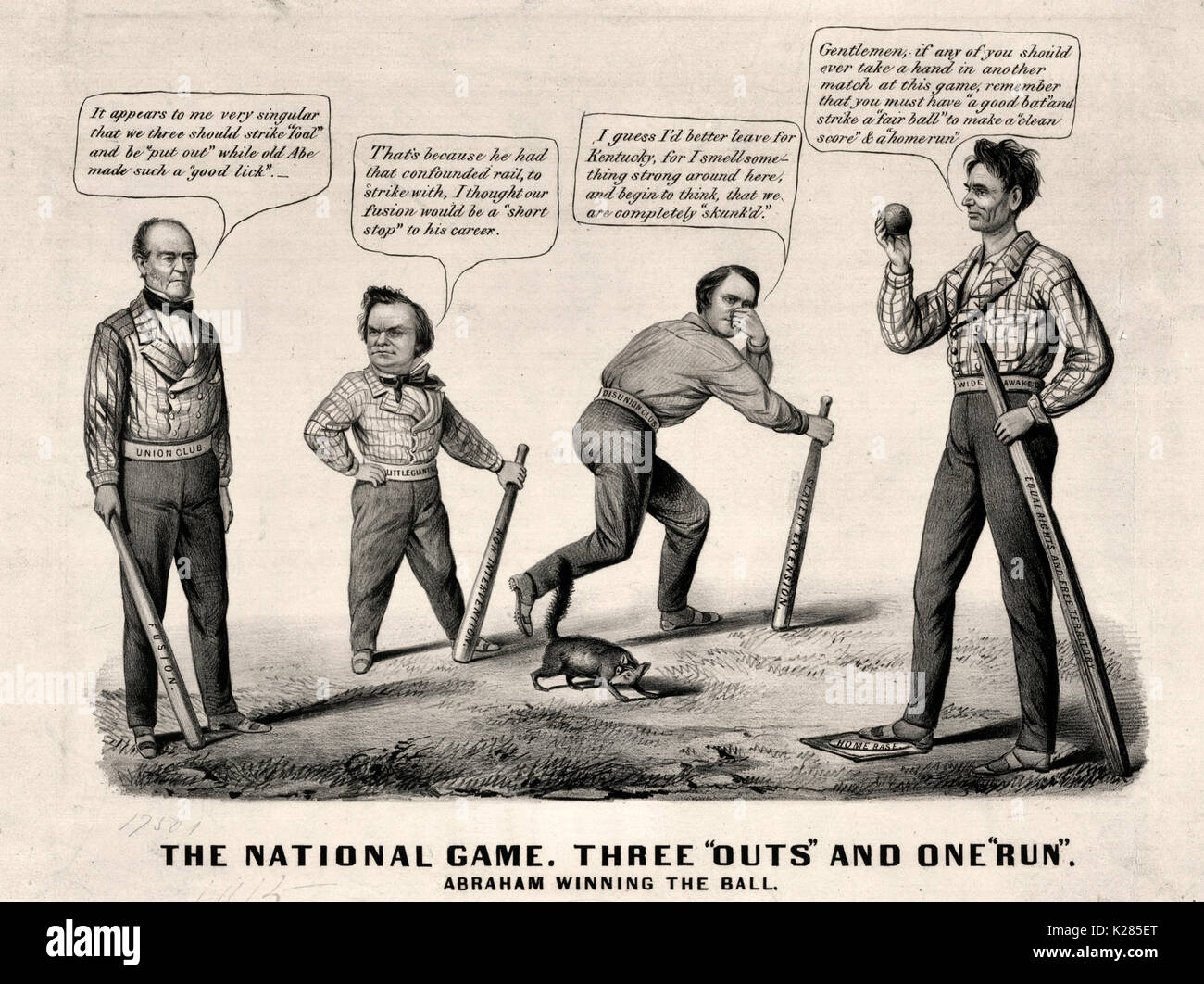 The national game. Three 'outs' and one 'run' - Political Cartoon, September, 1860 -  A pro-Lincoln satire weeks before the 1860 presidential election. The contest is portrayed as a baseball game in which Lincoln has defeated (left to right) John Bell, Stephen A. Douglas, and John C. Breckinridge. Lincoln (right) stands with his foot on 'Home Base,' advising the others, 'Gentlemen, if any of you should ever take a hand in another match at this game, remember that you must have a good bat' and strike a fair ball' to make a clean score' & a home run.'' His 'good bat' is actually a wooden rail la Stock Photo
