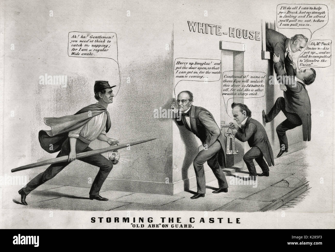 Storming the castle. 'Old Abe' on guard - Political Cartoon, 1860. During the 1860 election campaign the 'Wide Awakes,' a marching club composed of young Republican men, appeared in cities throughout the North.  They often wore uniforms consisting of visored caps and short capes, and carried lanterns. Here Republican presidential candidate Abraham Lincoln (left) is dressed as a 'Wide-Awake,' and carries a lantern and a spear-like wooden rail. He rounds the corner of the White House foiling the attempts of three other candidates to enter surreptitiously. At far right incumbent James Buchanan tr Stock Photo