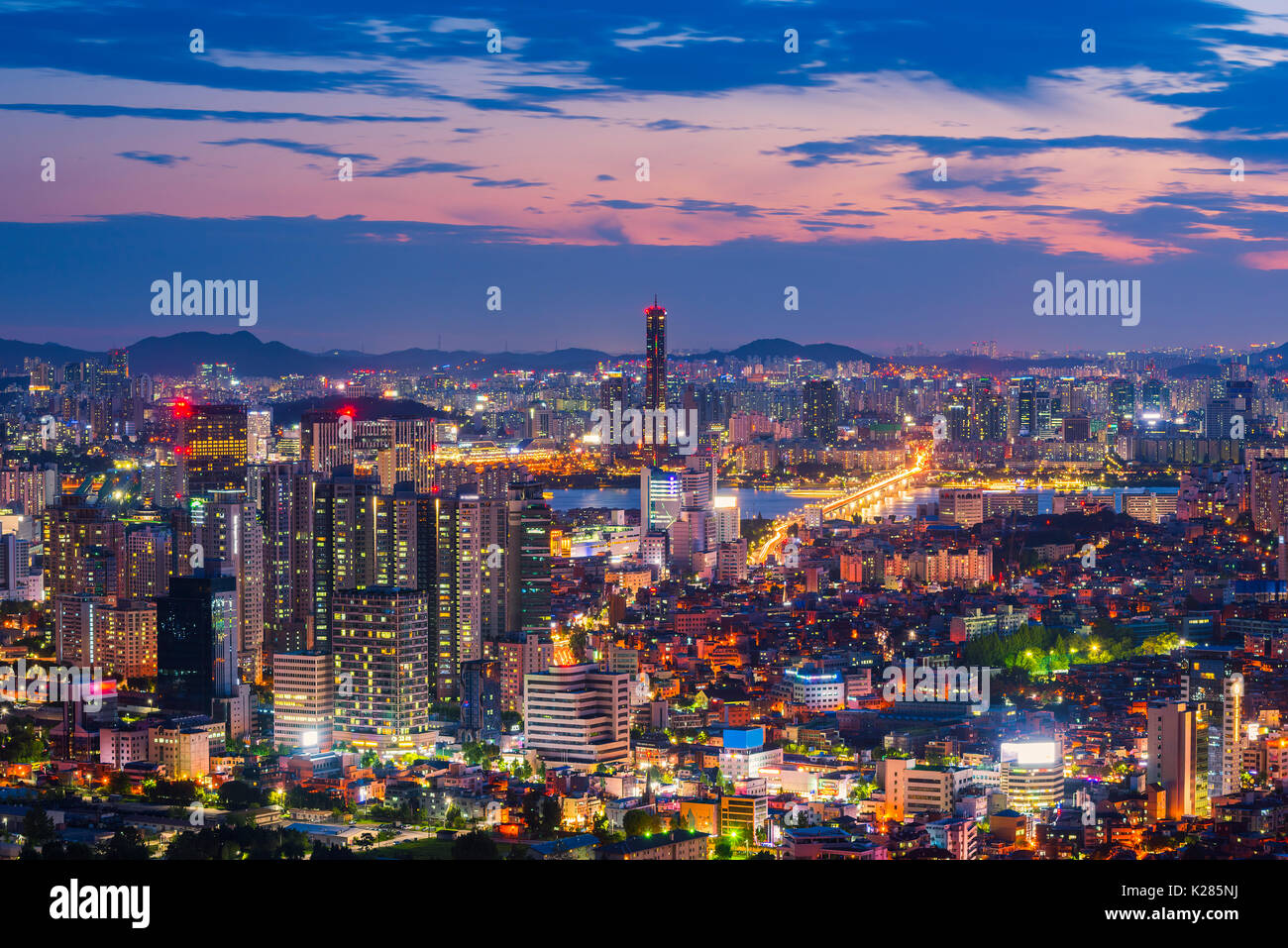 Sunset at 63 Building of Seoul City,South Korea. Stock Photo
