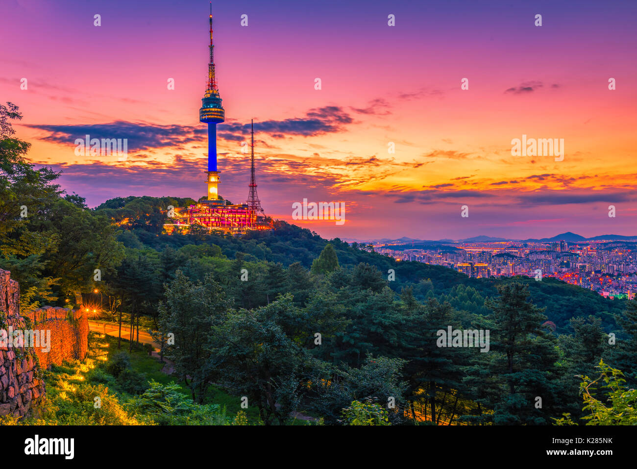 Sunset at Seoul City and Namsan Tower ,South Korea. Stock Photo