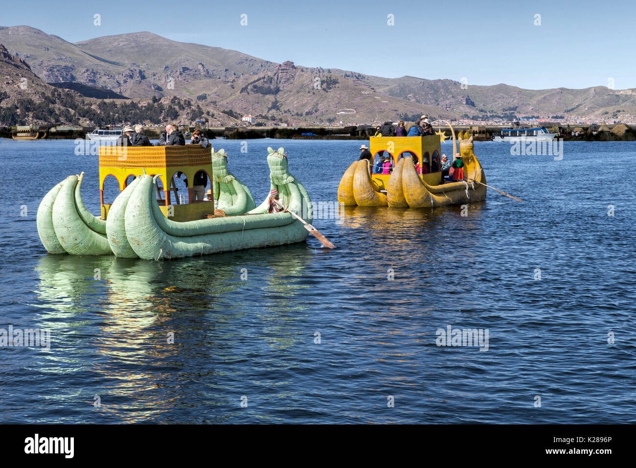 Reed boats from Uros floating Island made from totora reed Lake