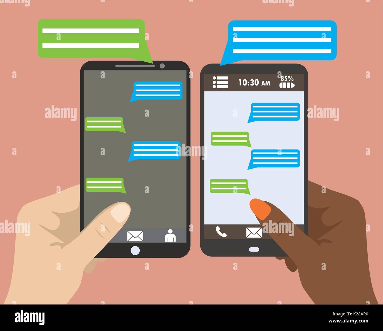 Two Hands holding black smartphone with blank speech bubbles for text ...