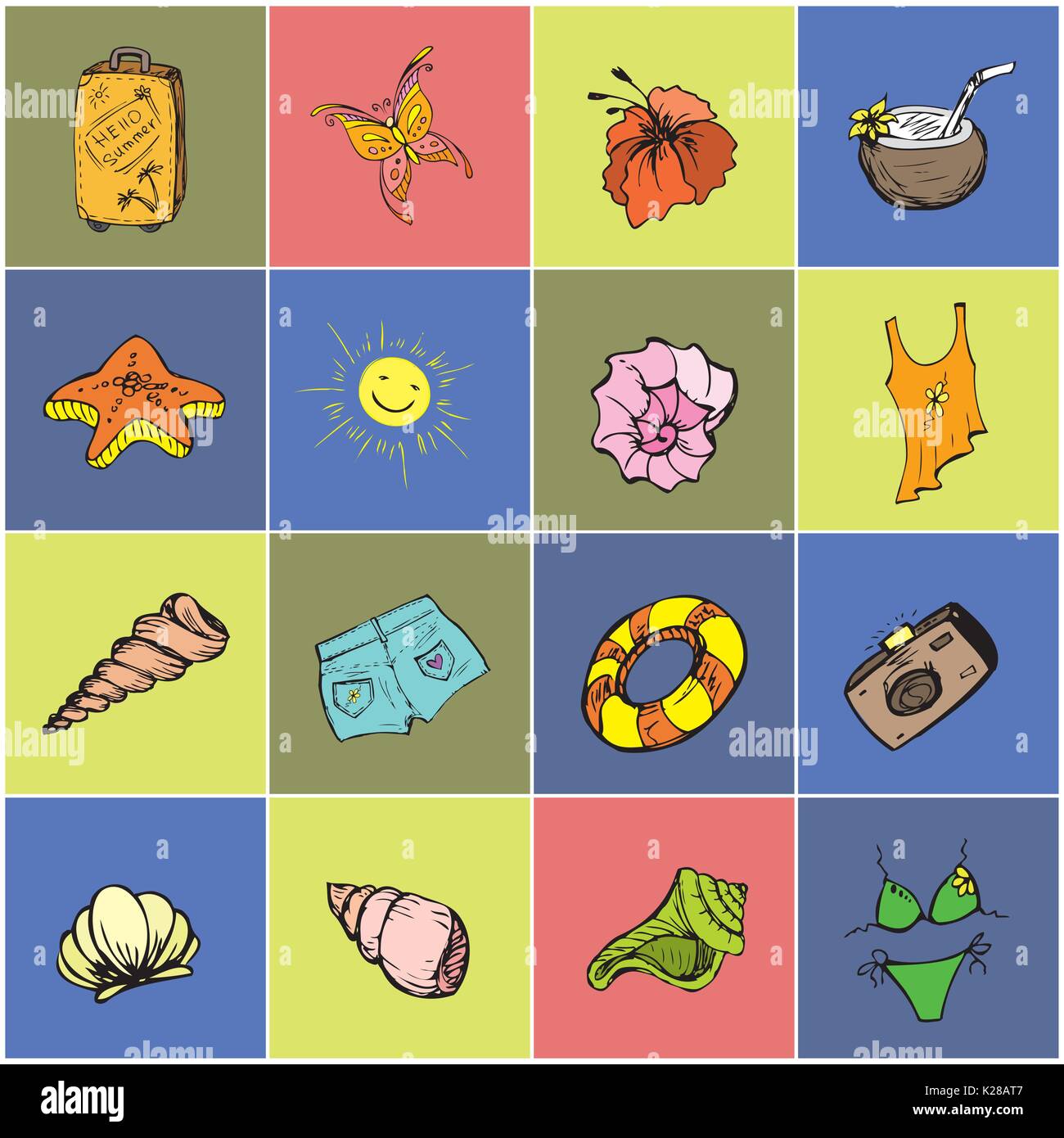 Colored Set icon summer holiday, Hand drawn vector illustrations Stock ...
