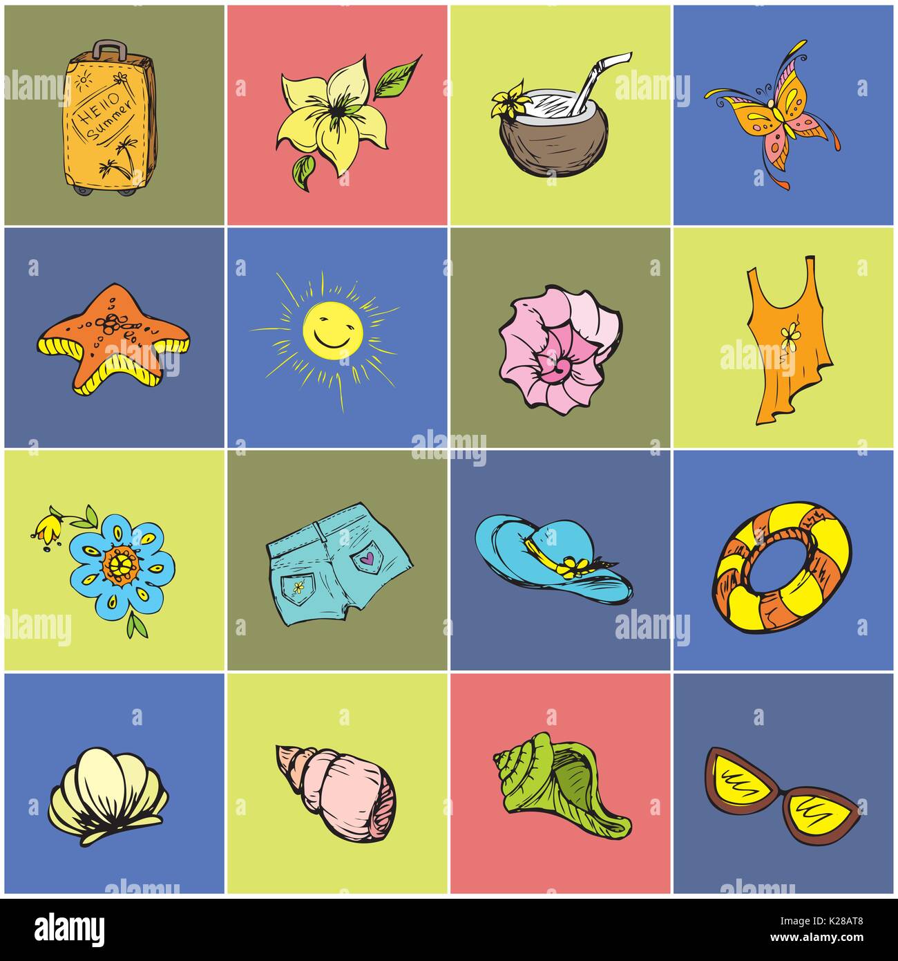 Colored Set icon summer holiday, Hand drawn vector illustrations Stock ...